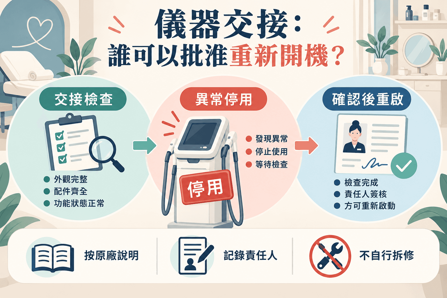 美容儀器交接與停機決策表:檢查、報修與重啟責任